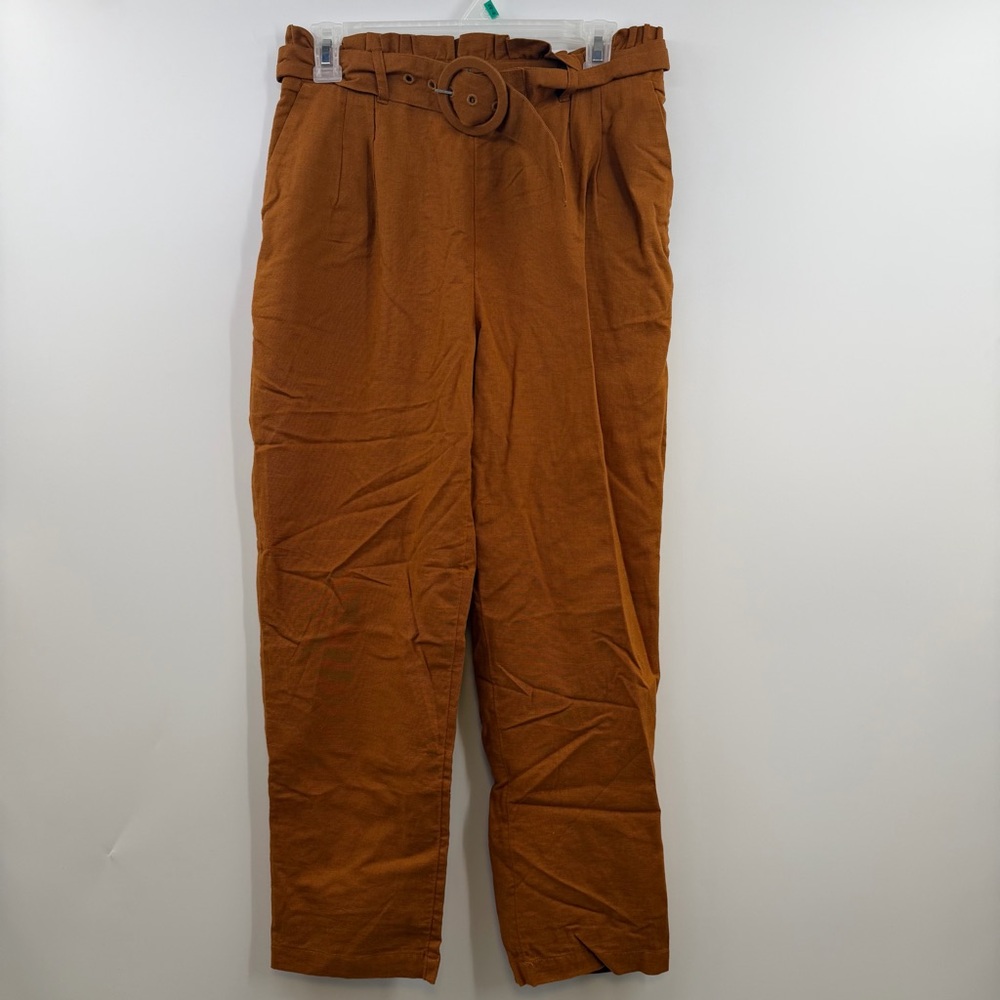 American Eagle Paperbag Pants Womens M Rust Linen Blend High Rise Belted